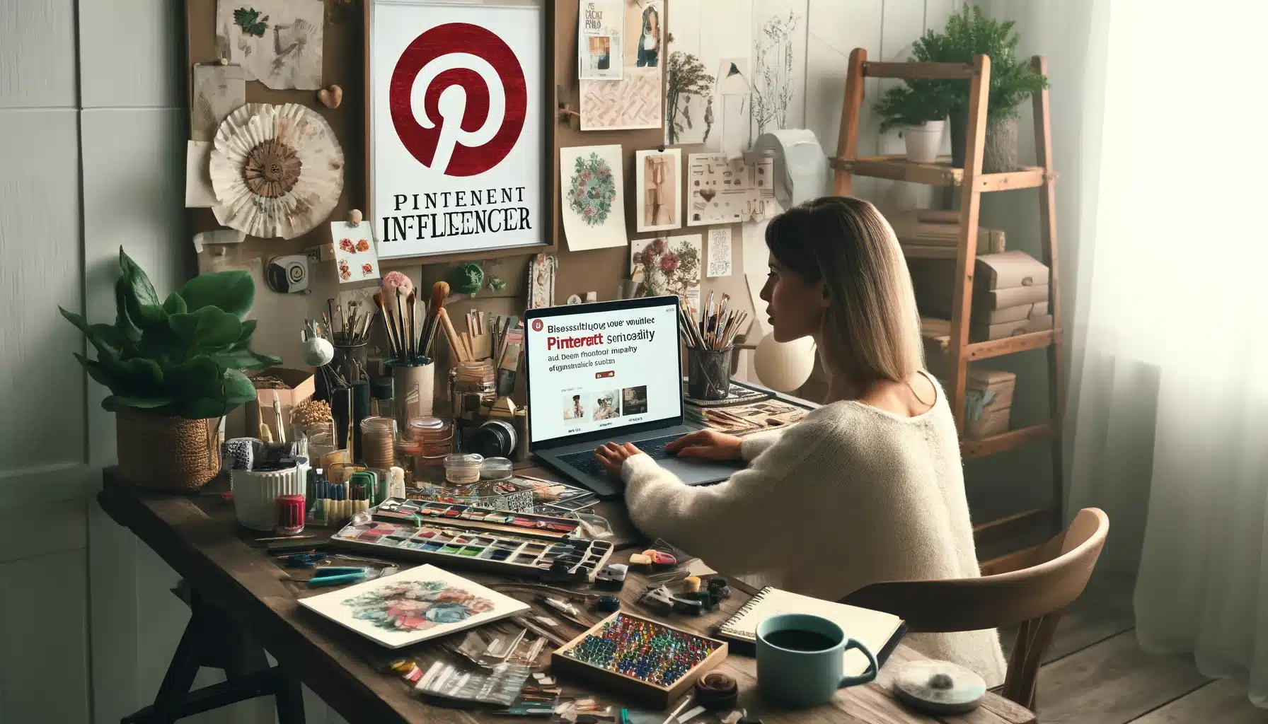 Une influenceuse pinterest travaille sur son ordinateur assise devant son bureau