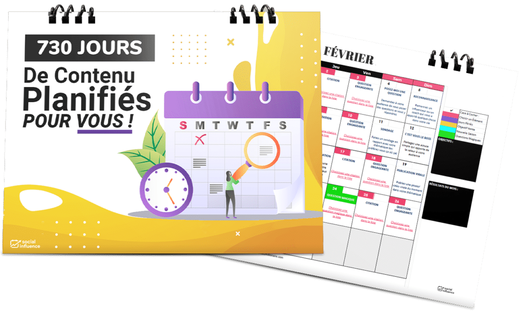 Le social influence planner pour Facebook, Instagram, Tiktok avec 730 jours d'idées de contenus pour les réseaux sociaux.