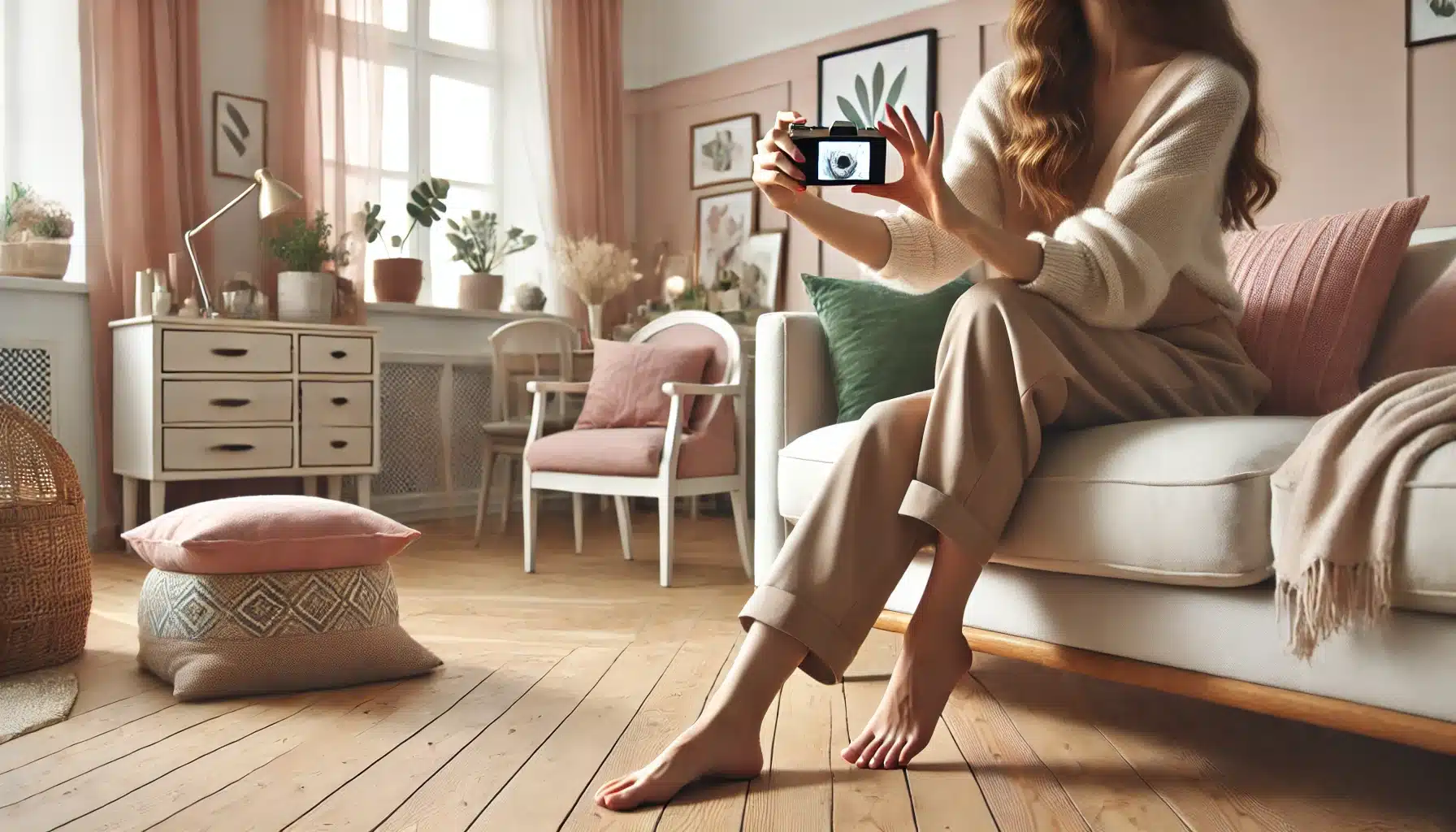 une femme photographie ses pieds nus pour les vendre sur les meilleurs sites de vente de photo de pieds