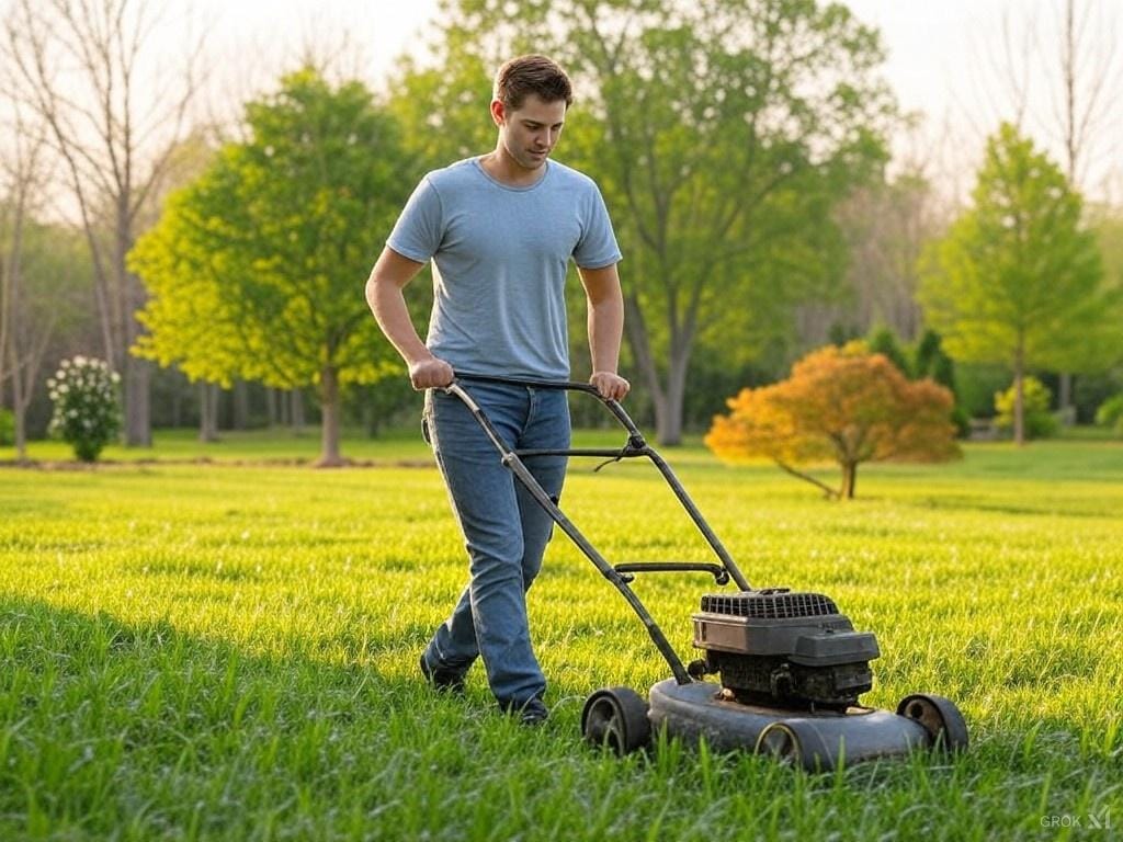 un homme tond la pelouse d'un particulier pour arrondir ses fins de mois